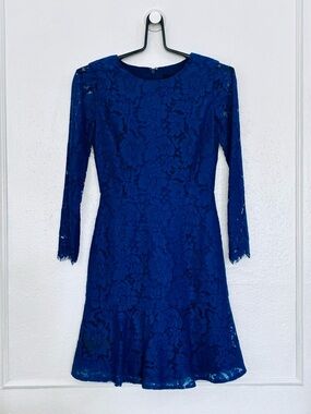 J.Crew Cobalt Blue Long-Sleeve Dress in Floral Lace Sz.00